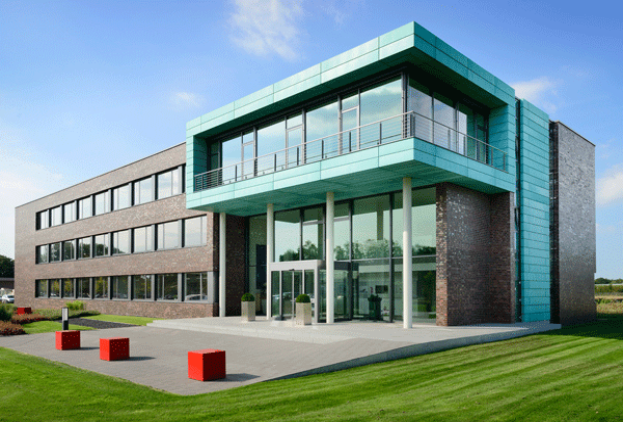 architects-heroal-company building with grey and turquoise cladding