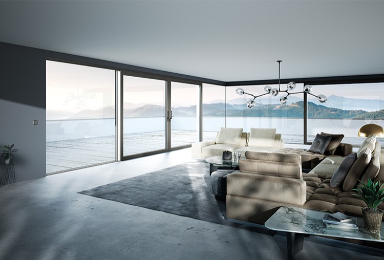 Le Corbusier voordeur - terrasdeur raamfront met grijs kozijn