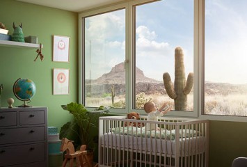 Gemoderniseerd kinderbed met raam en uitzicht op de savanne